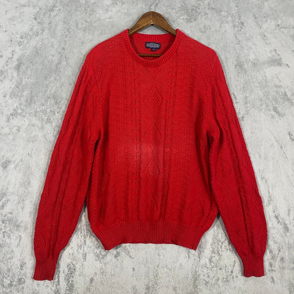 Lands' End Sweater Mens L Red Cable Knit Cotton Crewneck USA Made Diamond Knit